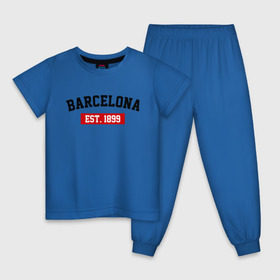 Детская пижама хлопок с принтом FC Barcelona Est. 1899 в Белгороде, 100% хлопок |  брюки и футболка прямого кроя, без карманов, на брюках мягкая резинка на поясе и по низу штанин
 | Тематика изображения на принте: barcelona | fc barcelona | барселона | фк барселона