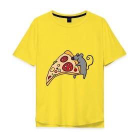 Мужская футболка хлопок Oversize с принтом Кусочек пиццы парная в Белгороде, 100% хлопок | свободный крой, круглый ворот, “спинка” длиннее передней части | pizza | влюбленным | для влюбленных | для двоих | для пар | мышонок | пара | парные | пицца
