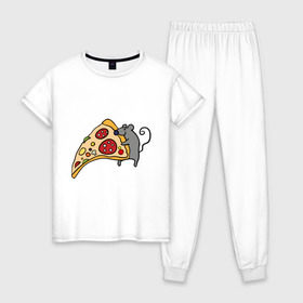 Женская пижама хлопок с принтом Кусочек пиццы парная в Белгороде, 100% хлопок | брюки и футболка прямого кроя, без карманов, на брюках мягкая резинка на поясе и по низу штанин | pizza | влюбленным | для влюбленных | для двоих | для пар | мышонок | пара | парные | пицца