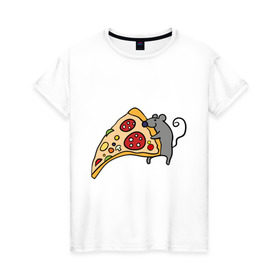 Женская футболка хлопок с принтом Кусочек пиццы парная в Белгороде, 100% хлопок | прямой крой, круглый вырез горловины, длина до линии бедер, слегка спущенное плечо | pizza | влюбленным | для влюбленных | для двоих | для пар | мышонок | пара | парные | пицца