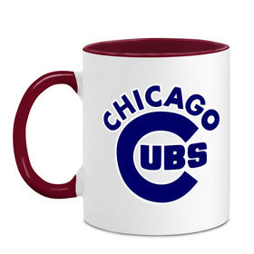 Кружка двухцветная с принтом Chicago Cubs logotype в Белгороде, керамика | объем — 330 мл, диаметр — 80 мм. Цветная ручка и кайма сверху, в некоторых цветах — вся внутренняя часть | baseball | chicago cubs bear | бейсбол | спорт | чикаго