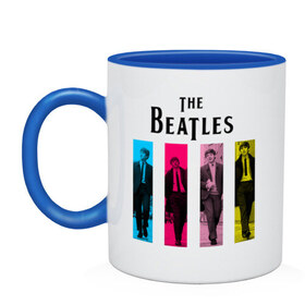 Кружка двухцветная с принтом Walking Beatles в Белгороде, керамика | объем — 330 мл, диаметр — 80 мм. Цветная ручка и кайма сверху, в некоторых цветах — вся внутренняя часть | Тематика изображения на принте: beatles | the beatles | walking beatles | бителс