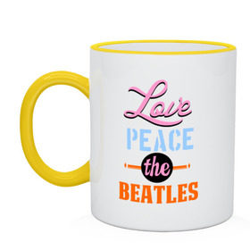 Кружка двухцветная с принтом Love peace the Beatles в Белгороде, керамика | объем — 330 мл, диаметр — 80 мм. Цветная ручка и кайма сверху, в некоторых цветах — вся внутренняя часть | beatles | love peace the beatles | the beatles | бителс
