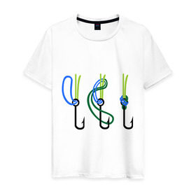 Мужская футболка хлопок с принтом Рыболовный узел в Белгороде, 100% хлопок | прямой крой, круглый вырез горловины, длина до линии бедер, слегка спущенное плечо. | крючок | ноживка | рыбаку | рыбалка | рыболов | удочка