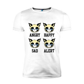 Мужская футболка премиум с принтом Mood Cat в Белгороде, 92% хлопок, 8% лайкра | приталенный силуэт, круглый вырез ворота, длина до линии бедра, короткий рукав | alert | angry | happy | mood cat | sad