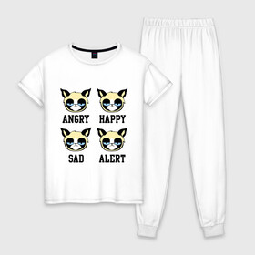 Женская пижама хлопок с принтом Mood Cat в Белгороде, 100% хлопок | брюки и футболка прямого кроя, без карманов, на брюках мягкая резинка на поясе и по низу штанин | alert | angry | happy | mood cat | sad