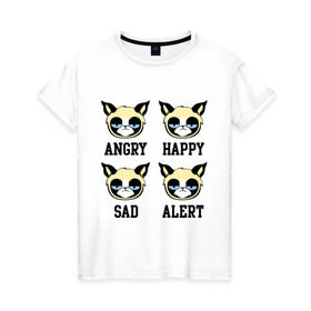 Женская футболка хлопок с принтом Mood Cat в Белгороде, 100% хлопок | прямой крой, круглый вырез горловины, длина до линии бедер, слегка спущенное плечо | alert | angry | happy | mood cat | sad