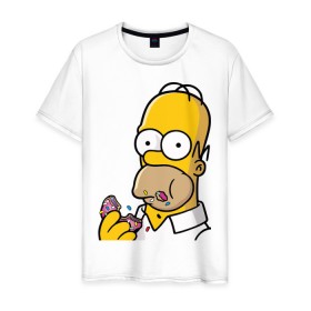 Мужская футболка хлопок с принтом Гомер с Пончиком в Белгороде, 100% хлопок | прямой крой, круглый вырез горловины, длина до линии бедер, слегка спущенное плечо. | homer simpsons | simpsons | гомер симпсон | для влюбленных | для двоих | для пар | парные | симпсоны