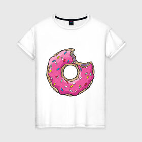 Женская футболка хлопок с принтом Пончик Гомера в Белгороде, 100% хлопок | прямой крой, круглый вырез горловины, длина до линии бедер, слегка спущенное плечо | Тематика изображения на принте: для влюбленных | для двоих | для пар | парные | пончики