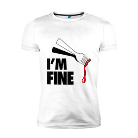Мужская футболка премиум с принтом I `m Fine Fork в Белгороде, 92% хлопок, 8% лайкра | приталенный силуэт, круглый вырез ворота, длина до линии бедра, короткий рукав | fine | вилка | кровь | я в порядке