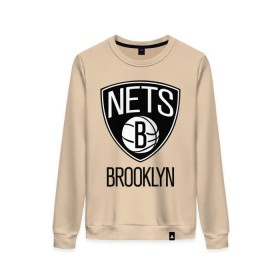 Женский свитшот хлопок с принтом Nets Brooklyn в Белгороде, 100% хлопок | прямой крой, круглый вырез, на манжетах и по низу широкая трикотажная резинка  | бруклин