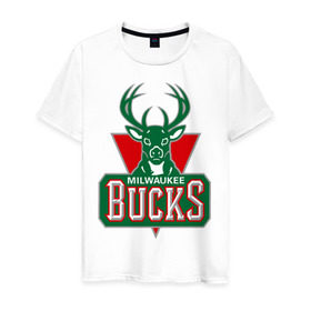 Мужская футболка хлопок с принтом Milwaukee Bucks - logo в Белгороде, 100% хлопок | прямой крой, круглый вырез горловины, длина до линии бедер, слегка спущенное плечо. | basketball | nba | баскетболл | лого баскетбольных клубов | нба