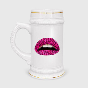Кружка пивная с принтом Pink leopard lips в Белгороде,  керамика (Материал выдерживает высокую температуру, стоит избегать резкого перепада температур) |  объем 630 мл | lips | губы | леопард | помада | поцелуй