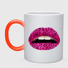 Кружка хамелеон с принтом Pink leopard lips в Белгороде, керамика | меняет цвет при нагревании, емкость 330 мл | lips | губы | леопард | помада | поцелуй