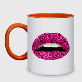Кружка двухцветная с принтом Pink leopard lips в Белгороде, керамика | объем — 330 мл, диаметр — 80 мм. Цветная ручка и кайма сверху, в некоторых цветах — вся внутренняя часть | lips | губы | леопард | помада | поцелуй