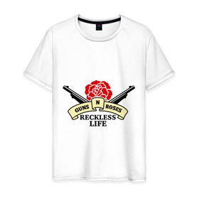 Мужская футболка хлопок с принтом GNR reckless life в Белгороде, 100% хлопок | прямой крой, круглый вырез горловины, длина до линии бедер, слегка спущенное плечо. | guns and roses | guns n roses | rock | ганс н роуз | музыка | рок