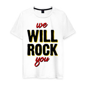 Мужская футболка хлопок с принтом We will rock you! в Белгороде, 100% хлопок | прямой крой, круглый вырез горловины, длина до линии бедер, слегка спущенное плечо. | freddie mercury | queen | классический рок | куин | рок группа | фредди меркьюри