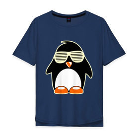 Мужская футболка хлопок Oversize с принтом Пингвин в очках-жалюзи glow в Белгороде, 100% хлопок | свободный крой, круглый ворот, “спинка” длиннее передней части | пингвин