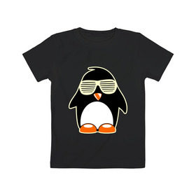 Детская футболка хлопок с принтом Пингвин в очках-жалюзи glow в Белгороде, 100% хлопок | круглый вырез горловины, полуприлегающий силуэт, длина до линии бедер | пингвин