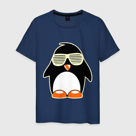 Мужская футболка хлопок с принтом Пингвин в очках-жалюзи glow в Белгороде, 100% хлопок | прямой крой, круглый вырез горловины, длина до линии бедер, слегка спущенное плечо. | пингвин