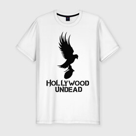 Мужская футболка премиум с принтом Hollywood Undead в Белгороде, 92% хлопок, 8% лайкра | приталенный силуэт, круглый вырез ворота, длина до линии бедра, короткий рукав | hollywood undead | undead | птица с гранатой | рок реп группа hollywood undead