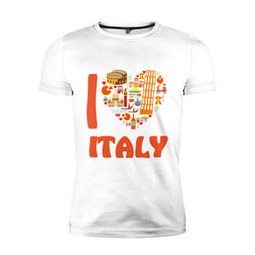 Мужская футболка премиум с принтом Я люблю Италию в Белгороде, 92% хлопок, 8% лайкра | приталенный силуэт, круглый вырез ворота, длина до линии бедра, короткий рукав | Тематика изображения на принте: башня пейзанская | италия | колизей | пицца | я люблю италию