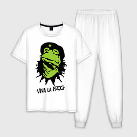Мужская пижама хлопок с принтом Viva la Frog в Белгороде, 100% хлопок | брюки и футболка прямого кроя, без карманов, на брюках мягкая резинка на поясе и по низу штанин
 | frog | viva la frog | viva лягушка | лягушка | лягушка чегевара