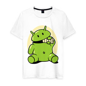 Мужская футболка хлопок с принтом Андроид кушает батарейку в Белгороде, 100% хлопок | прямой крой, круглый вырез горловины, длина до линии бедер, слегка спущенное плечо. | adnroid | андроид | андроид кушает батарейку | андройд