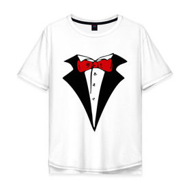 Мужская футболка хлопок Oversize с принтом Смокинг и красная бабочка в Белгороде, 100% хлопок | свободный крой, круглый ворот, “спинка” длиннее передней части | Тематика изображения на принте: смокинг