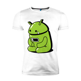 Мужская футболка премиум с принтом Андроид плачет в Белгороде, 92% хлопок, 8% лайкра | приталенный силуэт, круглый вырез ворота, длина до линии бедра, короткий рукав | Тематика изображения на принте: android | андроид | андроид плачет