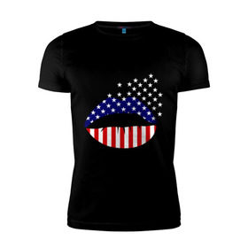 Мужская футболка премиум с принтом Американские губы в Белгороде, 92% хлопок, 8% лайкра | приталенный силуэт, круглый вырез ворота, длина до линии бедра, короткий рукав | Тематика изображения на принте: американский флаг | губы | флаг америки | флаг сша