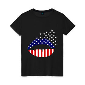 Женская футболка хлопок с принтом Американские губы в Белгороде, 100% хлопок | прямой крой, круглый вырез горловины, длина до линии бедер, слегка спущенное плечо | американский флаг | губы | флаг америки | флаг сша