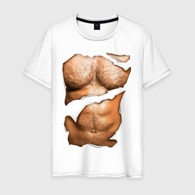Мужская футболка хлопок с принтом Мужской пресс в Белгороде, 100% хлопок | прямой крой, круглый вырез горловины, длина до линии бедер, слегка спущенное плечо. | body | волосатая грудь | волосатое тело | мужское тело | тело | торс