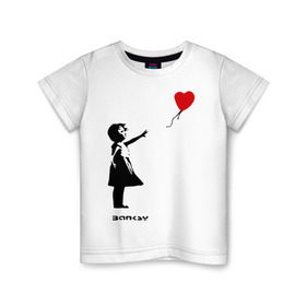 Детская футболка хлопок с принтом Девочка с шариком-сердечком в Белгороде, 100% хлопок | круглый вырез горловины, полуприлегающий силуэт, длина до линии бедер | Тематика изображения на принте: banksy | бенкси | бэнкси | графити | граффити | девочка с сердечком | девочка с шариком | девочка с шариком сердечком | стрит арт | стритарт