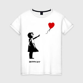 Женская футболка хлопок с принтом Девочка с шариком-сердечком в Белгороде, 100% хлопок | прямой крой, круглый вырез горловины, длина до линии бедер, слегка спущенное плечо | Тематика изображения на принте: banksy | бенкси | бэнкси | графити | граффити | девочка с сердечком | девочка с шариком | девочка с шариком сердечком | стрит арт | стритарт