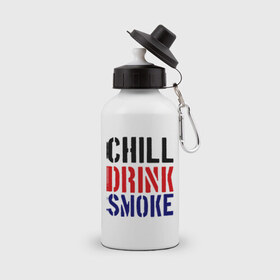 Бутылка спортивная с принтом Chill drink smoke в Белгороде, металл | емкость — 500 мл, в комплекте две пластиковые крышки и карабин для крепления | пить