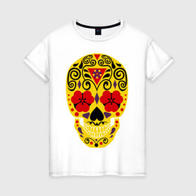 Женская футболка хлопок с принтом Flower Skull в Белгороде, 100% хлопок | прямой крой, круглый вырез горловины, длина до линии бедер, слегка спущенное плечо | Тематика изображения на принте: skull | цветочный орнамент | цветы | череп | черепа