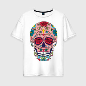 Женская футболка хлопок Oversize с принтом Oldschool skull в Белгороде, 100% хлопок | свободный крой, круглый ворот, спущенный рукав, длина до линии бедер
 | oldschool | skull | олд скул | олдскул | цветочный орнамент | цветы | череп | черепа