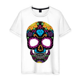Мужская футболка хлопок с принтом Skull mexica в Белгороде, 100% хлопок | прямой крой, круглый вырез горловины, длина до линии бедер, слегка спущенное плечо. | skull | мексика | мексиканский череп | череп | черепа