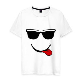 Мужская футболка хлопок с принтом Мы на позитиве (язык справа) в Белгороде, 100% хлопок | прямой крой, круглый вырез горловины, длина до линии бедер, слегка спущенное плечо. | smile | очки | парные | позитив | смайл