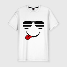 Мужская футболка премиум с принтом Мы на позитиве (язык слева) в Белгороде, 92% хлопок, 8% лайкра | приталенный силуэт, круглый вырез ворота, длина до линии бедра, короткий рукав | smile | очки | парные | позитив | смайл