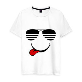 Мужская футболка хлопок с принтом Мы на позитиве (язык слева) в Белгороде, 100% хлопок | прямой крой, круглый вырез горловины, длина до линии бедер, слегка спущенное плечо. | smile | очки | парные | позитив | смайл
