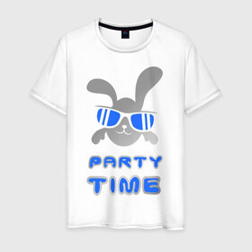 Мужская футболка хлопок с принтом It\`s party time в Белгороде, 100% хлопок | прямой крой, круглый вырез горловины, длина до линии бедер, слегка спущенное плечо. | вечеринка | зайчик | заяц | клубные | очки | тусовка