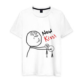 Мужская футболка хлопок с принтом Now kiss в Белгороде, 100% хлопок | прямой крой, круглый вырез горловины, длина до линии бедер, слегка спущенное плечо. | now kiss | ololo | мемы | не целоваться | тролл фэйс | тролли | троллинг