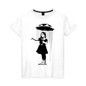 Женская футболка хлопок с принтом Girl in rain (Banksy) в Белгороде, 100% хлопок | прямой крой, круглый вырез горловины, длина до линии бедер, слегка спущенное плечо | бэнкси | граффити | девочка | дождь | зонт