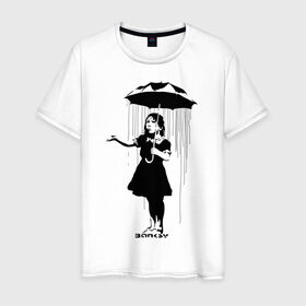 Мужская футболка хлопок с принтом Girl in rain (Banksy) в Белгороде, 100% хлопок | прямой крой, круглый вырез горловины, длина до линии бедер, слегка спущенное плечо. | бэнкси | граффити | девочка | дождь | зонт
