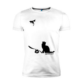 Мужская футболка премиум с принтом Cat and supermouse (Banksy) в Белгороде, 92% хлопок, 8% лайкра | приталенный силуэт, круглый вырез ворота, длина до линии бедра, короткий рукав | Тематика изображения на принте: бэнкси | граффити | киса | кот | котенок | котэ | кошка | мышка | супермышка
