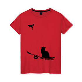 Женская футболка хлопок с принтом Cat and supermouse (Banksy) в Белгороде, 100% хлопок | прямой крой, круглый вырез горловины, длина до линии бедер, слегка спущенное плечо | бэнкси | граффити | киса | кот | котенок | котэ | кошка | мышка | супермышка