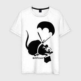 Мужская футболка хлопок с принтом Parachute rat (Banksy) в Белгороде, 100% хлопок | прямой крой, круглый вырез горловины, длина до линии бедер, слегка спущенное плечо. | бэнкси | граффити | грызун | мышь | парашют