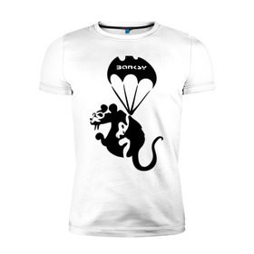 Мужская футболка премиум с принтом Rat with parachute (Banksy) в Белгороде, 92% хлопок, 8% лайкра | приталенный силуэт, круглый вырез ворота, длина до линии бедра, короткий рукав | бэнкси | граффити | грызун | животные | хомяк с парашютом